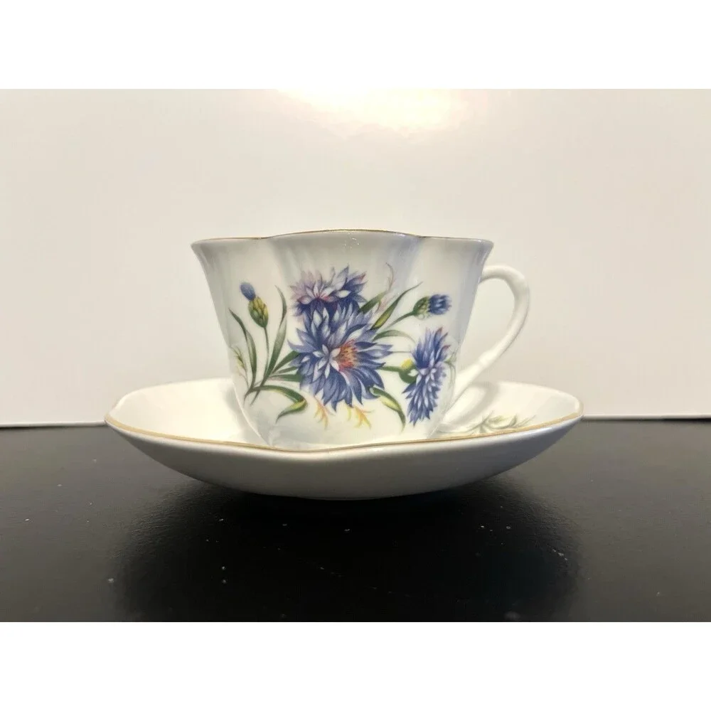 Fine Bone China Tea Cup & Saucer Blue Floral Made In England Crown Mark